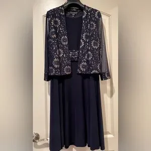 Jessica Howard Petite Lace Jacket & A-Line Dress - Navy/Gold